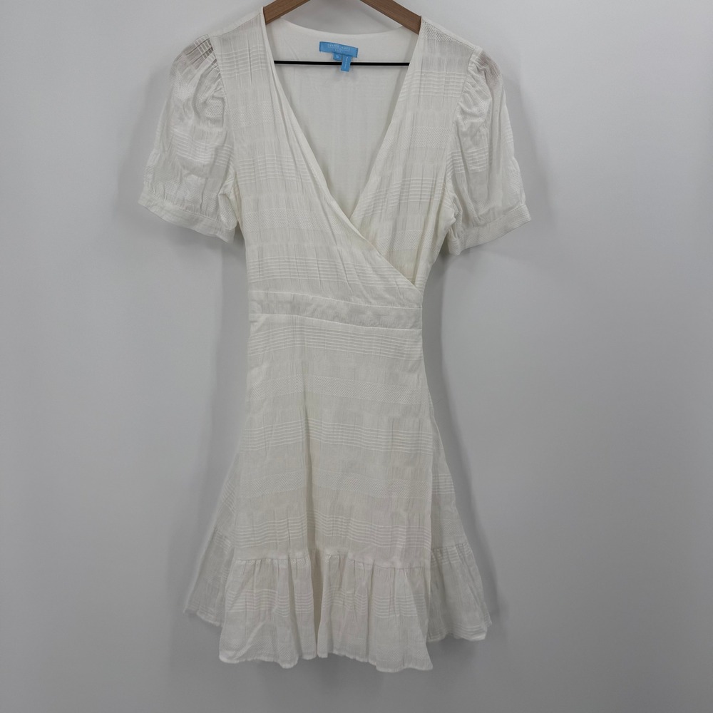 Draper James RSVP White Plaid Wrap Dress Puff Sleeve Ruffle Hem Size S